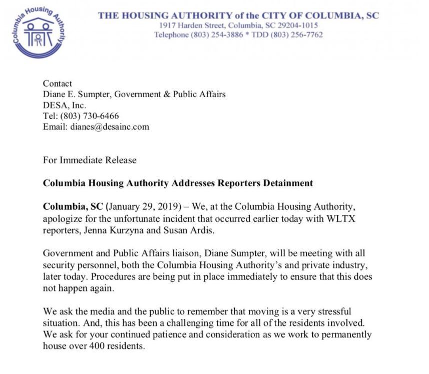 Columbia Housing Authority letter on reporter handcuffed